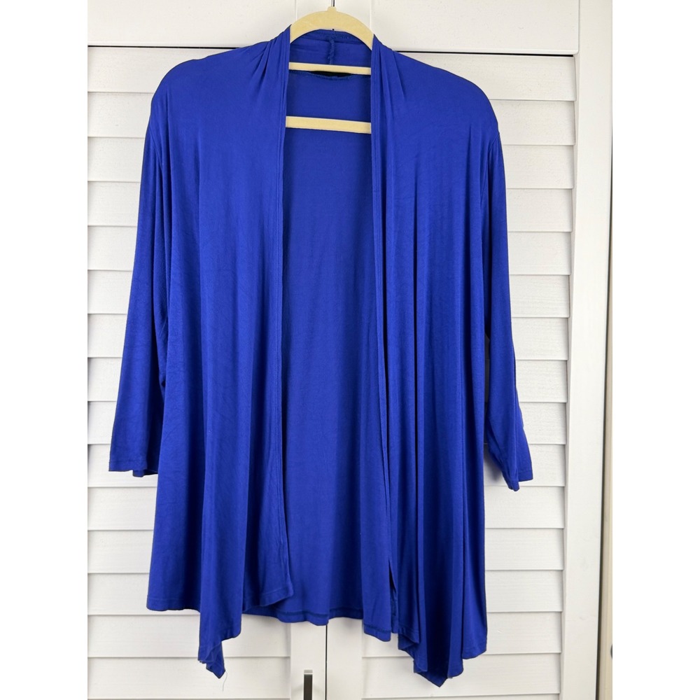 Urim Cardigan L Blue Open Front Lightweight Rayon Blend 3/4 Sleeve